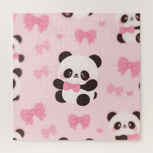 Kawaii Panda Pink Bow Pattern Jigsaw Puzzle