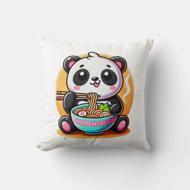 Kawaii Panda Ramen Throw Pillow (Front)