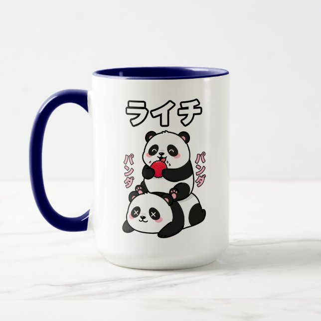 Kawaii Panda Stack Lychee Fruit Japanese Cartoon Mug (Left)