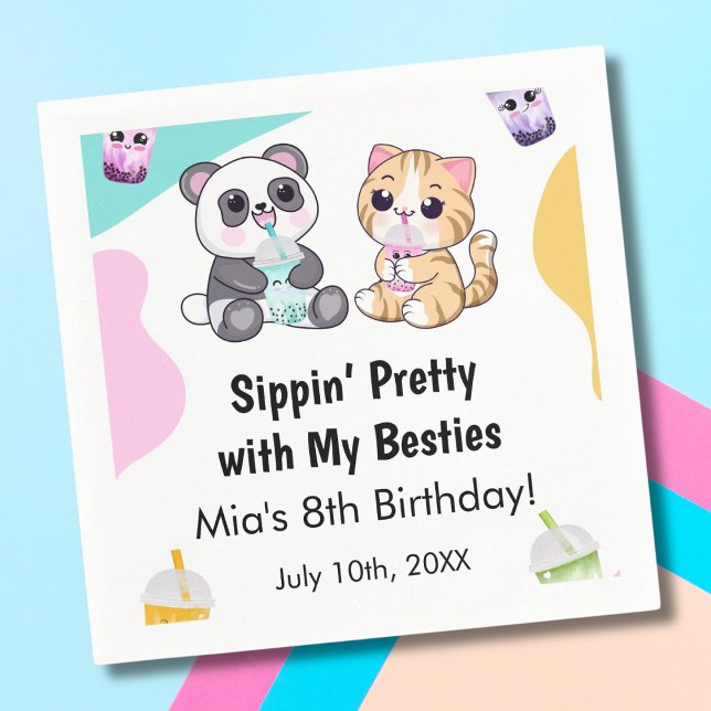 Kawaii Panda & Tiger Bubble Tea Kids Birthday  Napkins (Creator Uploaded)