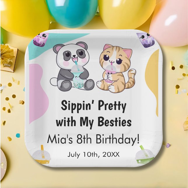 Kawaii Panda & Tiger Bubble Tea Kids Birthday  Paper Plates (Creator Uploaded)