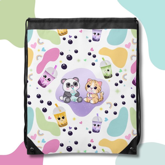 Kawaii Panda & Tiger Bubble Tea Kids Printed  Drawstring Bag (Creator Uploaded)