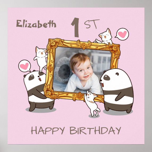 Kawaii pandas and cats photo frame 1st birthday poster (Front)