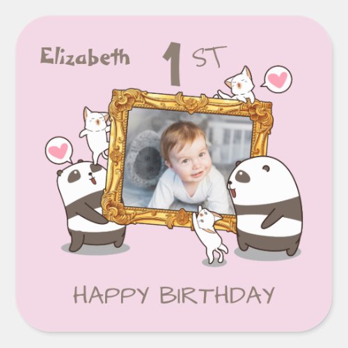 Kawaii pandas and cats photo frame 1st birthday square sticker