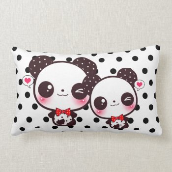 Kawaii Pandas On Black Polka Dots Lumbar Pillow by Chibibunny at Zazzle