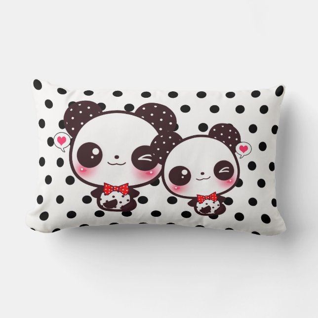 Kawaii pandas on black polka dots lumbar pillow (Front)