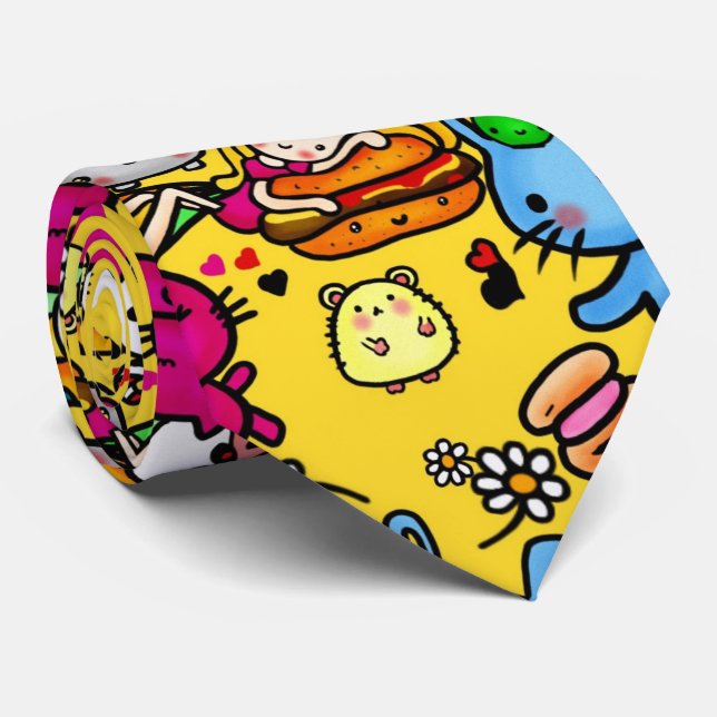 Kawaii Party Character Doodles yellow Personalized Tie (Rolled)