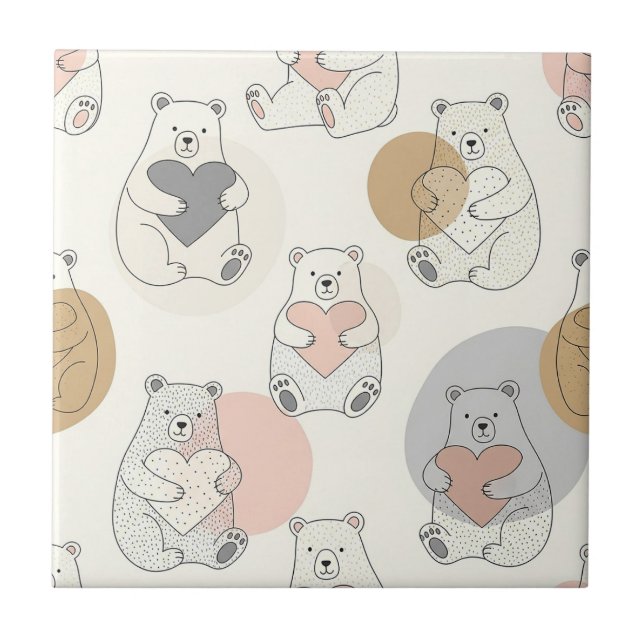 Kawaii Pastel Bear Heart Pattern Ceramic Tile (Front)