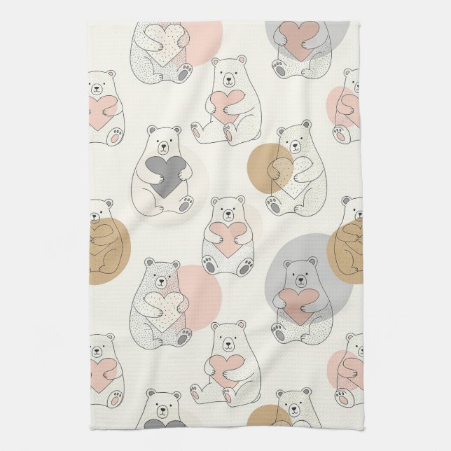 Kawaii Pastel Bear Heart Pattern Kitchen Towel (Vertical)