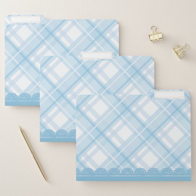 Kawaii Pastel Blue Plaid File Folders (Set)