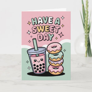 Kawaii Pastel Boba Tea and Donuts Sweet Birthday Card