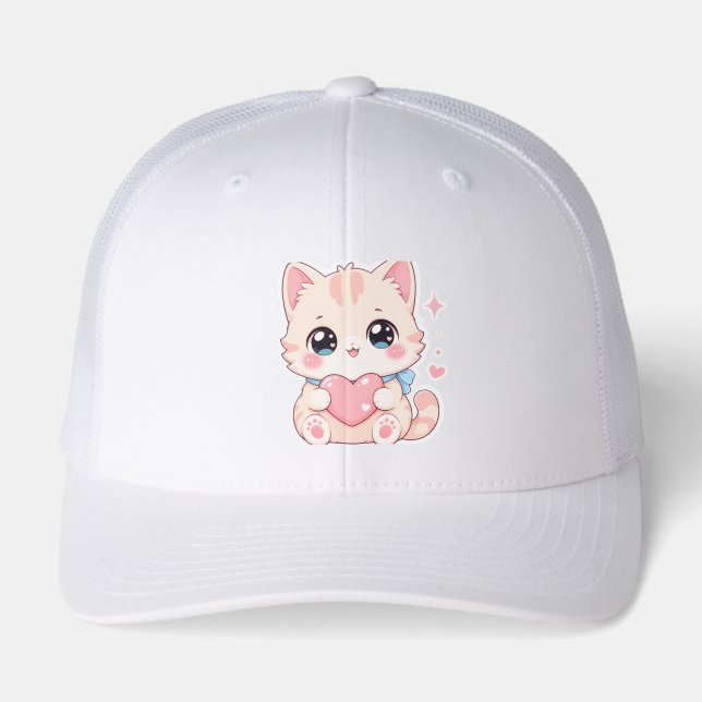 Kawaii Pastel Cat Pink Heart Cute Trucker Hat (Front)