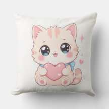 Kawaii Pastel Cat Pink Heart Outdoor Pillow