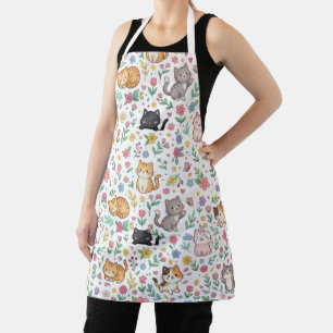 Kawaii Pastel Cats and Floral Pattern Cat Mom Apron