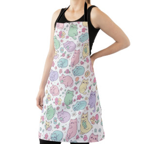 Kawaii Pastel Cats and Flowers Pattern  Apron