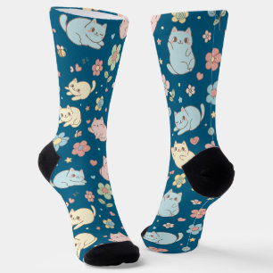 Kawaii Pastel Cats and Flowers Pattern Socks