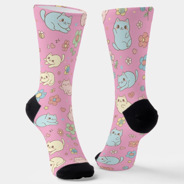 Kawaii Pastel Cats and Flowers Pattern Socks (Angled)