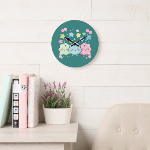 Kawaii Pastel Fluffy Friends & Stars Cute Wall Clo Large Clock