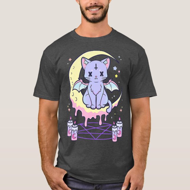 Kawaii Pastel Goth Cute Creepy Black Cat T-Shirt (Front)
