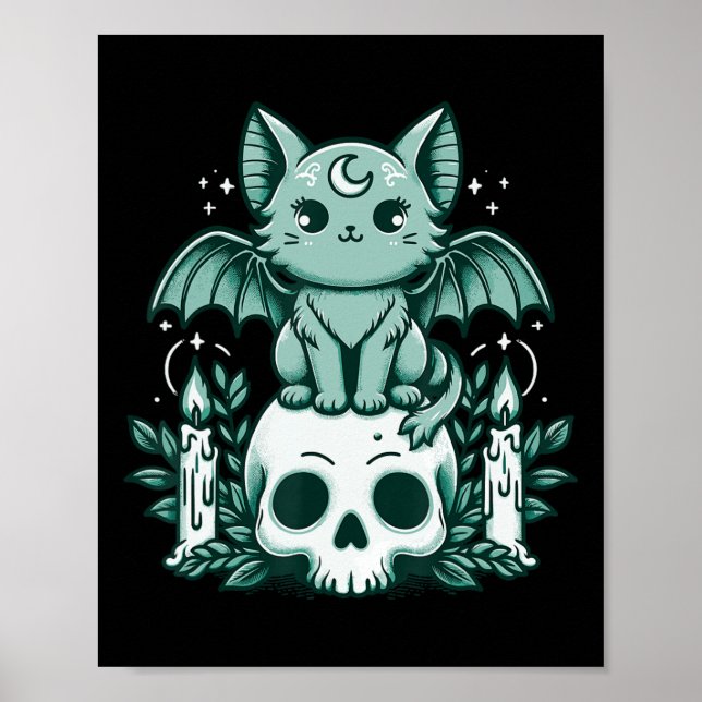 Kawaii Pastel Goth Cute Creepy Cat Bat Skeleton  Poster (Front)