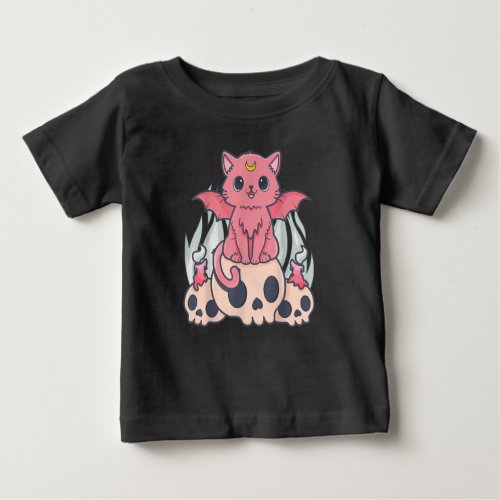 Kawaii Pastel Goth Cute Creepy Demon Cat and Skull Baby T_Shirt