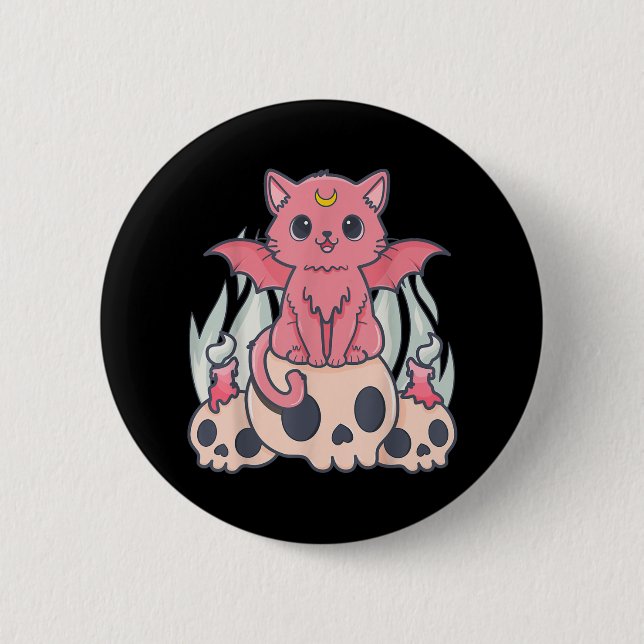Kawaii Pastel Goth Cute Creepy Demon Cat and Skull Button (Front)