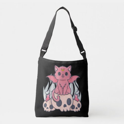 Kawaii Pastel Goth Cute Creepy Demon Cat and Skull Crossbody Bag