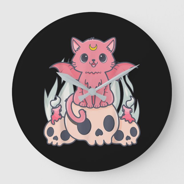 Kawaii Pastel Goth Cute Creepy Demon Cat and Skull Large Clock (Front)