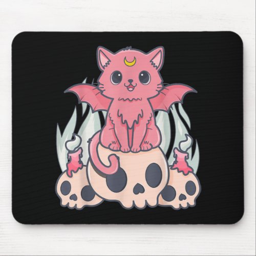 Kawaii Pastel Goth Cute Creepy Demon Cat and Skull Mouse Pad