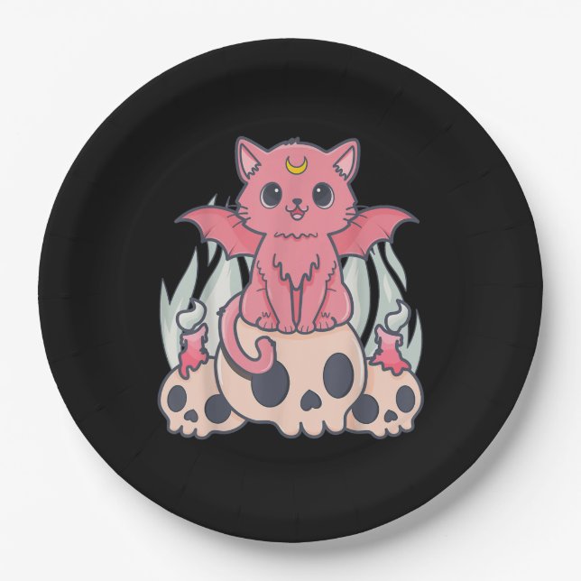 Kawaii Pastel Goth Cute Creepy Demon Cat and Skull Paper Plates (Front)