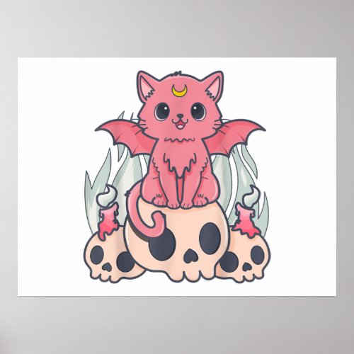 Kawaii Pastel Goth Cute Creepy Demon Cat and Skull Poster