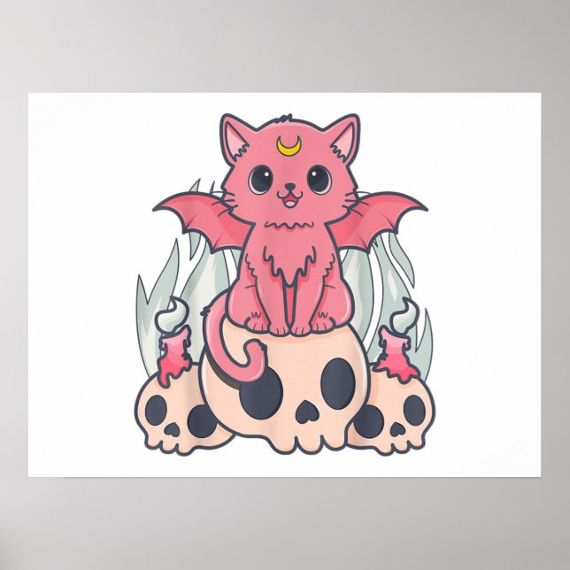 Kawaii Pastel Goth Cute Creepy Demon Cat and Skull Poster (Front)