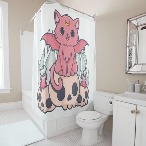 Kawaii Pastel Goth Cute Creepy Demon Cat and Skull Shower Curtain