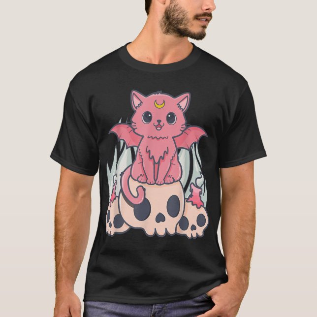 Kawaii Pastel Goth Cute Creepy Demon Cat and Skull T-Shirt (Front)