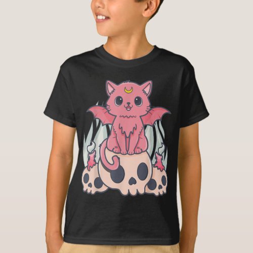 Kawaii Pastel Goth Cute Creepy Demon Cat and Skull T_Shirt