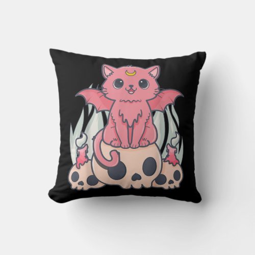 Kawaii Pastel Goth Cute Creepy Demon Cat and Skull Throw Pillow