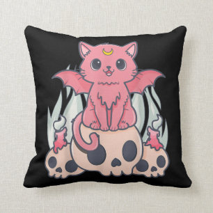 Kawaii Pastel Goth Cute Creepy Demon Cat and Skull Throw Pillow
