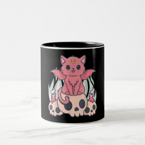 Kawaii Pastel Goth Cute Creepy Demon Cat and Skull Two_Tone Coffee Mug