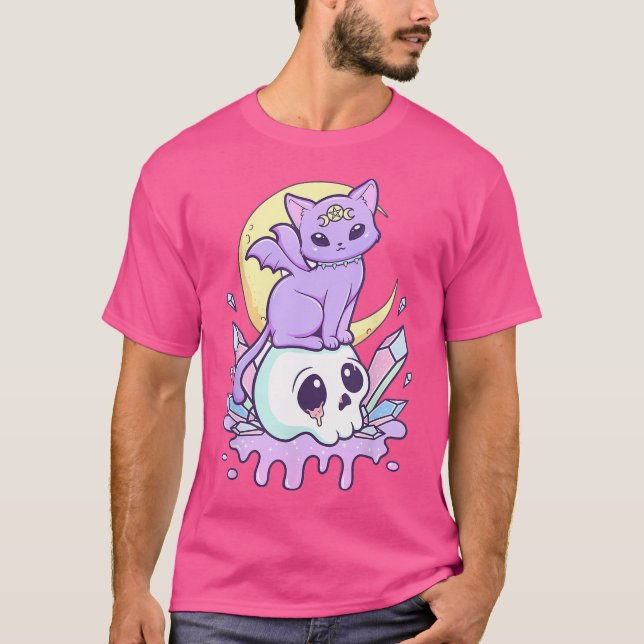 Kawaii Pastel Goth Cute Creepy Witchy Cat And Skul T-Shirt (Front)
