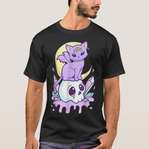 Kawaii Pastel Goth Cute Creepy Witchy Cat and Skul T_Shirt