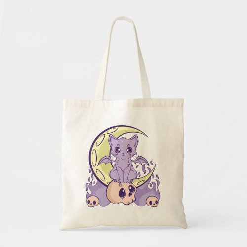 Kawaii Pastel Goth Cute Creepy Witchy Cat And Skul Tote Bag