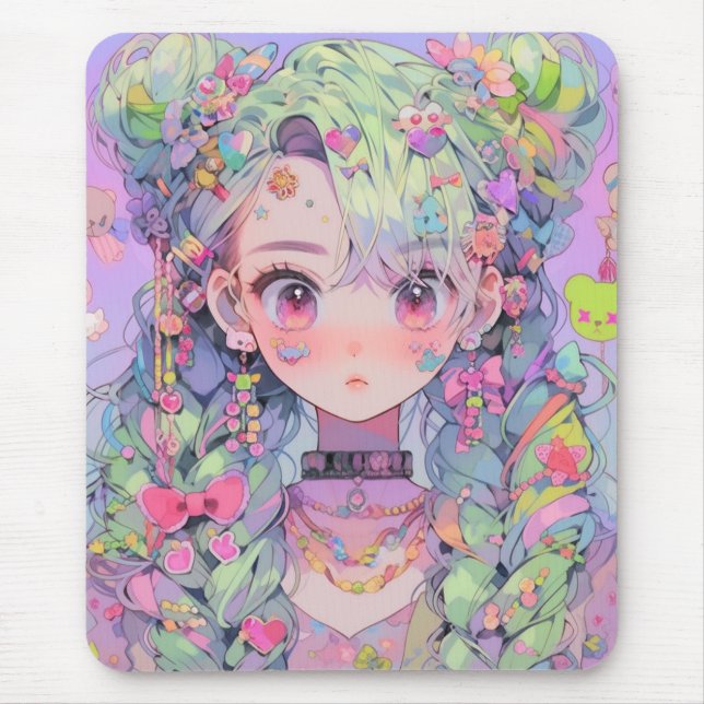 Kawaii Pastel Harajuku Anime Girl With Braids Mouse Pad (Front)