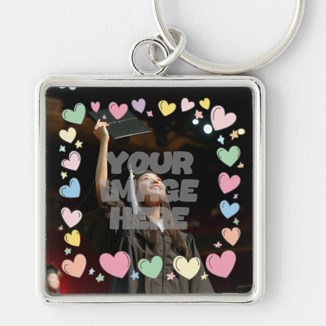 Kawaii Pastel Hearts Photo Border Customizable Keychain (Front)