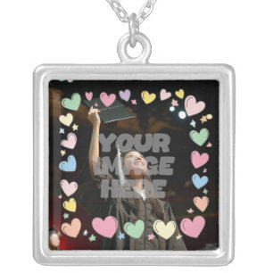Kawaii Pastel Hearts Photo Border Customizable Silver Plated Necklace