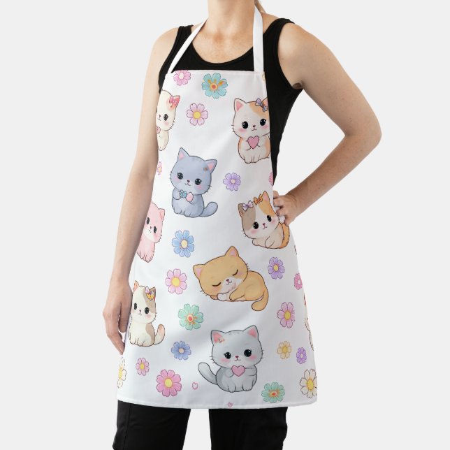 Kawaii Pastel Kitten and Floral Pattern Apron (Insitu)