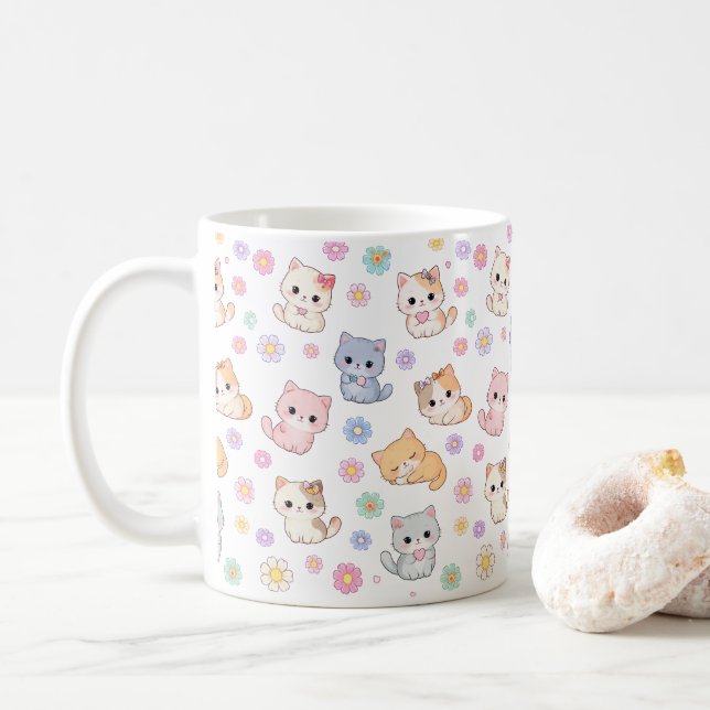 Kawaii Pastel Kittens and Flowers Pattern Mug (With Donut)