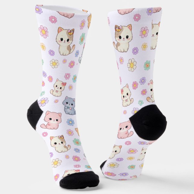 Kawaii Pastel Kittens and Flowers  Socks (Angled)