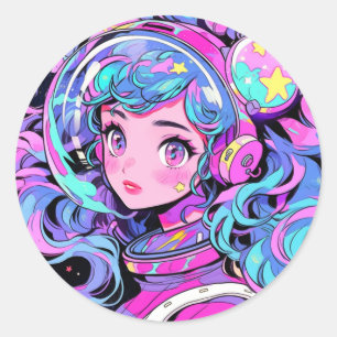 Kawaii Pastel Pink and Blue Space Anime Girl Classic Round Sticker