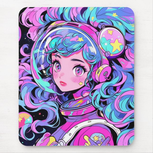 Kawaii Pastel Pink and Blue Space Anime Girl Mouse Pad (Front)