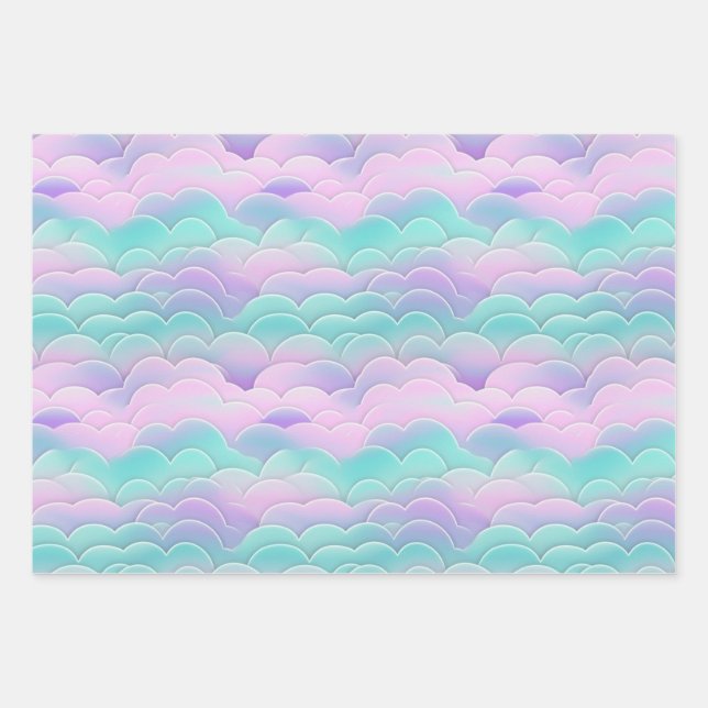 Kawaii Pastel Pink Blue Clouds Repeating Pattern Wrapping Paper Sheets (Front)